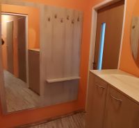 Na prenájom 2-izbový byt - Nové Zámky - Oranžová predsieň so zrkadlom, vešiakmi a podlahou s dreveným dekorom v 2-izbovom byte.