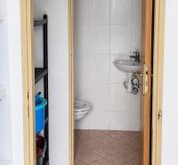 *Prenájom obchodného priestoru s výkladom, 26,3 m² – Račianske mýto* - Kúpeľňa v obchodných priestoroch s toaletou a umývadlom, jednoduchý dlažbový dizajn.