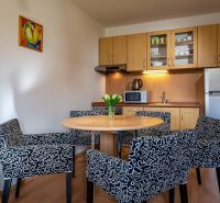 Príjemný rekreačný apartmán priamo pod zjazdovkou v Telgárte - Kuchynský kút s jedálenským stolom a kreslami v Rekreačnom apartmáne, podlaha s dreveným dekorom.
