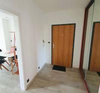 Kováčska ul. - predaj 3 izbového bytu - Vstupná hala v 3-izbovom byte s podlahou s dreveným dekorom a zrkadlovou skriňou.