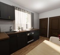 NA PREDAJ 3-IZBOVÝ RD (ČASŤ DVOJDOMU), ZEMIANSKA OLČA - Kuchyňa v rodinnom dome s tmavým nábytkom, kávovarom a podlahou s dreveným dekorom.
