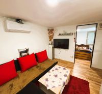 Celoročne obývateľná chata v Gabčíkove na 150 m² pozemku pri Dunaji - Obývacia izba s pohovkou, červenými vankúšmi, TV a podlahou s dreveným dekorom.
