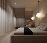 NA PREDAJ 4-IZBOVÉ RD – REZIDENČNÝ PROJEKT, GABČÍKOVO - Spálňa v rodinnom dome s jemným osvetlením a podlahou s dreveným dekorom.
