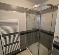 PRENÁJOM 1 IZB.BYTU NA MUŠKÁTE S PARKOVACÍM STÁTIM - Kúpeľňa v 1-izbovom byte so sprchovacím kútom a rebríkovým radiátorom.