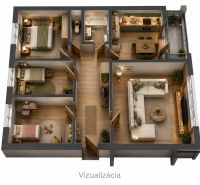 Ťahanovce - 4 izbový byt,  82 m2 + loggia. Krásny výhľad na mesto - Vizualizácia 4-izbového bytu s podlahou s dreveným dekorom a moderným zariadením.