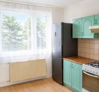 Ťahanovce - 4 izbový byt,  82 m2 + loggia. Krásny výhľad na mesto - Kuchyňa v 4-izbovom byte s plynovým sporákom, čiernou chladničkou a dreveným dekorom.