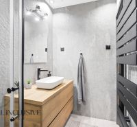 Na predaj 5-izb. posch. rad. rodinný dom, Kolárovo - Kúpeľňa v rodinnom dome s dreveným dekorom, zrkadlom a umývadlom na sivom pozadí.