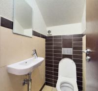5-izbový dom 170m² + pozemok 529m² | Podunajské Biskupice - Toaleta s umývadlom, hnedé obklady, zrkadlo v rodinnom dome.