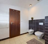 5-izbový dom 170m² + pozemok 529m² | Podunajské Biskupice - Kúpeľňa v rodinnom dome s WC a bidetom, tmavými dlaždicami a koberčekom.
