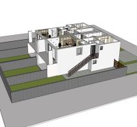 Na predaj 3-izb. byty s terasou v štvorbyt,Veľký Meder - 3D návrh 3-izbového bytu s exteriérovým schodiskom a zelenými plochami vo Veľkom Mederi.