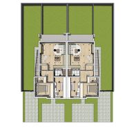 Na predaj 3-izb. byty s terasou v štvorbyt,Veľký Meder - Plánik 3-izbového bytu s podlahou s dreveným dekorom, záhradou a terasou.