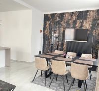 Veľkorysý 3 izbový byt 87m2 po rekonštrukcii, Wiener Neustadt - Jedáleň so stolom a šiestimi stoličkami, podlaha s dreveným dekorom, televízor na stene.