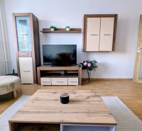 2izbový byt na prenájom v Dubnici nad Váhom  - Obývacia izba 2-izbového bytu s podlahou s dreveným dekorom a TV nábytkom.
