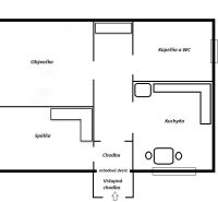 NA PRENÁJOM 2 IZBOVÝ TEHLOVÝ BYT, 55 M2, PREŠOV, ŠIRŠIE CENTRUM - Pôdorys 2-izbového bytu s obývačkou, spálňou, kuchyňou, kúpeľňou a chodbou.
