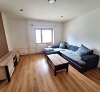 NA PRENÁJOM 2 IZBOVÝ TEHLOVÝ BYT, 55 M2, PREŠOV, ŠIRŠIE CENTRUM - Obývacia izba v 2-izbovom byte s drevenou podlahou, sedačkou a TV stolíkom.