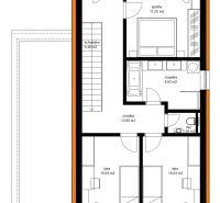 NA PREDAJ: Stavebný pozemok s projektom RD v Skalici - Plán podlažia rodinného domu: tri izby, kúpeľňa, WC a schodisko.
