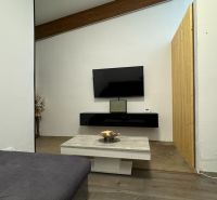 ODSTÚPENIE gastro prevádzky PIZZA Top v Nitre - Minimalistický interiér s TV, konferenčným stolíkom a drevenou stenou, ktorý prináša komfort.