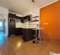 | priestranný | 2i byt s balkónom | parkovaním | Koprivnická - Kuchyňa v 2-izbovom byte s výraznou oranžovou stenou a podlahou s dreveným dekorom.