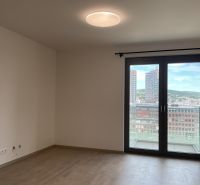 I Predaj Výnimočný  1-izb apartmán v projekte Metropolis - Obývacia izba v 1-izbovom byte s podlahou s dreveným dekorom a veľkým oknom na balkón.