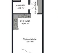 I Predaj Výnimočný  1-izb apartmán v projekte Metropolis - Pôdorys 1-izbového bytu s kuchyňou, obývacou izbou, kúpeľňou a balkónom.