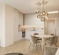 I Predaj Výnimočný  1-izb apartmán v projekte Metropolis - Interiér 1-izbového bytu s kuchynskou linkou, okrúhlym stolom a podlahou s dreveným dekorom.
