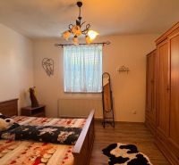 NA PREDAJ 4 izbový rodinný dom Nitrianske Hrnčiarovce - Spálňa v rodinnom dome s dreveným nábytkom a podlahou s dreveným dekorom.