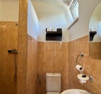 NA PREDAJ Ubytovňa v obci Bílkové Humence - Kúpeľňa s hnedými obkladačkami, sprchovým kútom, zrkadlom a WC, vhodná pre hotely a penzióny.