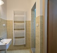 NA PREDAJ Ubytovňa v obci Bílkové Humence - Kúpeľňa s umývadlom, zrkadlom, dverami a rebríkovým radiátorom. Hotely a penzióny.