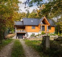 NA PREDAJ čarovná CHATA v srdci Duchonky - Topoľčany  - Chata v Prašiciach obklopená lesom, s dreveným obložením a čiernou strechou.