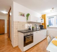 Praktický 2-izbový byt so samostatnou kuchyňou, Kvetná ulica – Nivy - Kuchyňa v 2-izbovom byte so vstavanými spotrebičmi a podlahou s dreveným dekorom.