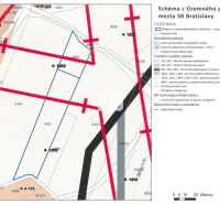 POZEMOK s POTENCIÁLOM - BA-NM BRIEŽKY AHOJ - Mapa územného plánu Bratislava III znázorňujúca funkčné využitie pozemkov a železničné trate.