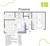 NOVOSTAVBA - 5i rodinný dom v nadštandardnom prevedení s garážou uprav - Pôdorys prízemia rodinného domu s obývačkou, kuchyňou a garážou.