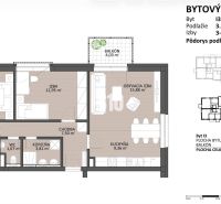 3 izbový byt na prenájom v novostavbe Byty-Košúty - Pôdorys 3-izbového bytu s balkónom, rozlohou 72,64 m² a podlahou s dreveným dekorom.