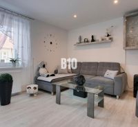 Ideálne bývanie: Zariadený dom 85m² s nízkymi nákladmi - Obývacia izba v rodinnom dome s podlahou s dreveným dekorom a šedým sedacím súpravou.