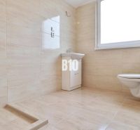 Moderná Novostavba: 4-izbový nízkoenergetický dom v obci Diaková - Kúpeľňa s umývadlom a toaletou v rodinnom dome s dlaždicovým obkladom.