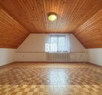 Priestranný rodinný dom s garážou na veľkom pozemku v obci Vlkas - Podkrovná izba v rodinnom dome s dreveným stropom a podlahou s dreveným dekorom.
