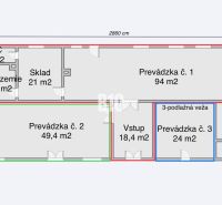 ZREKONŠTRUOVANÁ KOMERČNÁ BUDOVA S VÝBORNOU POLOHOU - Pôdorys obchodných priestorov so skladmi, kanceláriou a rôznymi prevádzkami.
