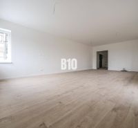 Novostavba -3 izbový byt neďaleko Trenčína - Priestranná izba v 3-izbovom byte s podlahou s dreveným dekorom a bielymi stenami.