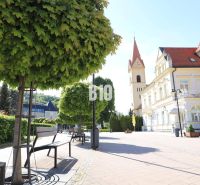 NOVÉ TEPLICE – pripravený developerský projekt | 5 RD / viac bytových  - Mestské námestie v Trenčianskych Tepliciach s lavičkami, stromami a historickou architektúrou, Pozemky - bývanie.