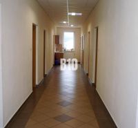 Prenájom kancelárskych priestorov - Žilina - Chodba v kancelárií s dlaždicami, dverami a oknom, interiér osvetlený umelým svetlom.