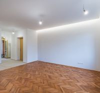 NA PREDAJ štýlový byt v centre Nitry  - Priestranná miestnosť s podlahou s dreveným dekorom v 3-izbovom byte, biele steny a okno.