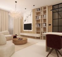 VEĽKORYSÝ 2i byt s rozlohou 76 m² v atraktívnej lokalite- Staré mesto - Obývacia izba v 2-izbovom byte s pohodlnou sedačkou a knihovnicou.