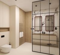 VEĽKORYSÝ 2i byt s rozlohou 76 m² v atraktívnej lokalite- Staré mesto - Kúpeľňa v 2-izbovom byte s dvojitými umývadlami, podlahou s dreveným dekorom a zrkadlom.
