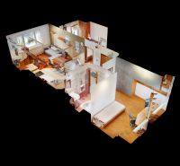 VÝHODNÁ PONUKA!!! (65 m²) 3i BYT S LOGGIOU V SRDCI SÍDLISKA KVP - 3D pôdorys 3-izbového bytu s podlahou s dreveným dekorom a rôznymi nábytkovými zónami.