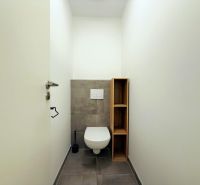 Ponúka na prenájom 2,5- izbový byt Devínska Nová Ves - Toaleta so sivou dlažbou a drevenou policou v 2-izbovom byte.