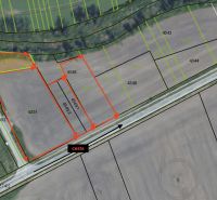 Priemyselné pozemky | 5722 m² + Bonus 2464  | Malacky - Plán pozemkov komerčných účelov v Záhorskej Vsi s vyznačenou cestou a hranicami parcela.
