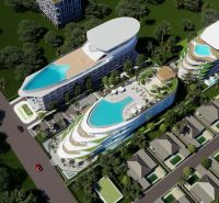 SOLE MIO RESIDENCES PHUKET - Vizualizácia výstavby bytov v Phukete: viacpodlažné budovy s bazénmi obklopené zeleňou a cestou.