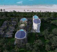 SOLE MIO RESIDENCES PHUKET - Plážová výstavba bytov v Phukete s modernými budovami a bazénmi obklopenými palmami.