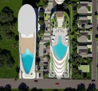 SOLE MIO RESIDENCES PHUKET - Letecký pohľad na výstavbu bytov v Phukete s bazénom a vilami.