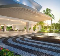 SOLE MIO RESIDENCES PHUKET - Architektonický vstup so záhradou a fontánou. Výstavba bytov v Phuket ponúka luxusné prostredie.